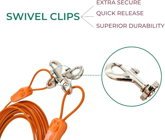 IntelliLeash 30FT Tie-Out Cables for Dogs - Strong, Safe, and Durable Dog Tie-Outs for Every Breed up to 125 Pounds - Weather and Wear Resistant Galvanized Aircraft Cable for Outside Use