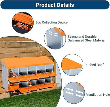 [10-Pack] Chicken Nesting Boxes for Hens - Galvanized Steel Wall Mount or Freestanding Chicken Nest, Removable Plastic Egg Tray & Ventilation Holes - Poultry Nesting Boxes for Egg Laying (Orange)