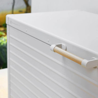 MIRADOR 281 Gallon Large Outdoor Metal Deck Box with Wheels, Storage Box with Lid for Patio Furniture, Garden Tools, Outdoor Cushion, Latte