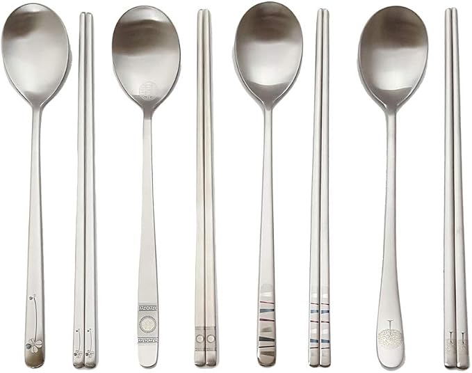 [5 Sets] [Made in Korea] Korean Sticky Rice Spoon Chopsticks Set Gold Titanium Plating 304 Stainless Steel Tableware Cutlery Set Mukbang Chopsticks (Willow Tree, 5 Sets)