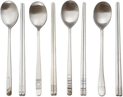 [5 Sets] [Made in Korea] Korean Sticky Rice Spoon Chopsticks Set Gold Titanium Plating 304 Stainless Steel Tableware Cutlery Set Mukbang Chopsticks (Willow Tree, 5 Sets)