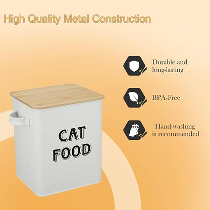 Pethiy Cat Food and Treats Containers Set with Scoop for Cats or Dogs -Tight Fitting Wood Lids - Coated Carbon Steel - Storage Canister Tins-Cat-White