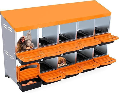 [10-Pack] Chicken Nesting Boxes for Hens - Galvanized Steel Wall Mount or Freestanding Chicken Nest, Removable Plastic Egg Tray & Ventilation Holes - Poultry Nesting Boxes for Egg Laying (Orange)