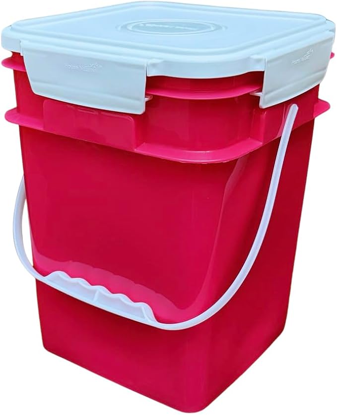 House Naturals 4 Gallon Square Food Grade Bucket Pail with Plastic Handles and Lid (Pack of 3) Made in USA containers (Magenta - White lids)