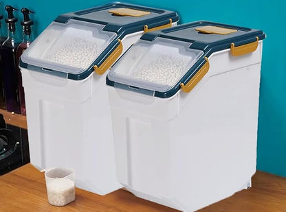 Saim Flour Storage Container 25lb, 4Pack Airtight Rice Storage Containers with Wheels, Measuring Cup, Scoop for Flour, Rice, Grain, Cereal, Dry Food Organizer (Dark Blue)