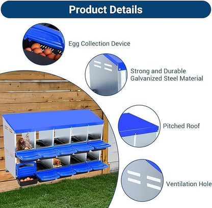 [10-Pack] Chicken Nesting Boxes for Hens - Galvanized Steel Wall Mount or Freestanding Chicken Nest, Removable Plastic Egg Tray & Ventilation Holes - Poultry Nesting Boxes for Egg Laying (Blue)