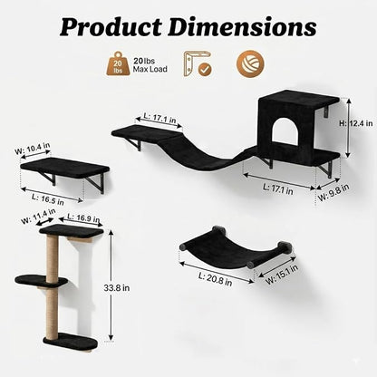 Wall Mounted Cat Furniture Set of 4 – 4 in 1 Cat Wall Shelves with Hammock, Bridge, Climbing Tree & Perch – Shelves for Large Cats, Holds Up to 30 lbs, Indoor Playground