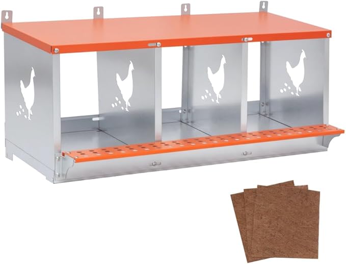 Wall-Mounted Metal Nesting Box for Chickens and Ducks – Galvanized Steel Construction with Ventilation & Easy Egg Access (3-Orange)