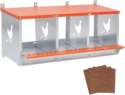 Wall-Mounted Metal Nesting Box for Chickens and Ducks – Galvanized Steel Construction with Ventilation & Easy Egg Access (3-Orange)