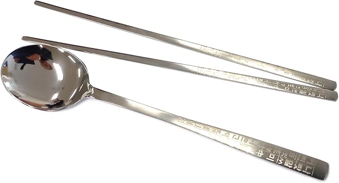 GARASANI Korean Traditional Cutlery Stainless Steel Spoons and Chopsticks Set (Silver Hunminjeongeum)