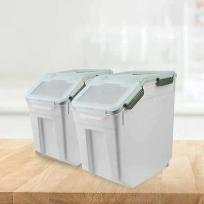 Large Flour Storage Container 25lbs, (4 Pack) BPA Free Rice Dispenser Bin with Locking Lid & Wheels, Measuring Cup, Scoop Kitchen Pantry Organizer for Flour, Rice, Grain, Cereal, Dog Food (Green)