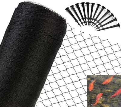JUNFLYING 25x50 Ft Pond Netting for Leaves, 1/2 in Fine Mesh, Strong Woven Koi Fish Net Cover, Against Birds, Cats & Predators, Stakes Included