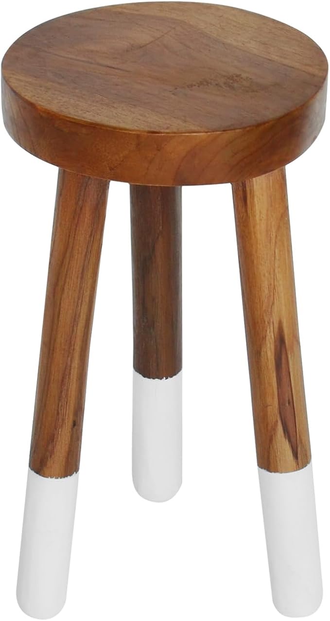 Teak Wood 9" Round Plant Stand |Dip Dyed Plant Stand |Accent Stool |Milking Stool |Bath Stool |Small Side Table (16" Tall White)