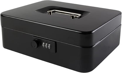 KYODOLED Large Cash Box with Combination Lock Safe Metal Money Box with Money Tray for Security Lock Box 9.84"x 7.87"x 3.54" Black