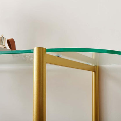 Oval Glass Console Table for Living Room, Foyer & Entrance, 2-Tiers Mid-Century Modern Sofa Table with Clear Glass Top, Walnut Finish Wood Shelf and Gold Finish Frame