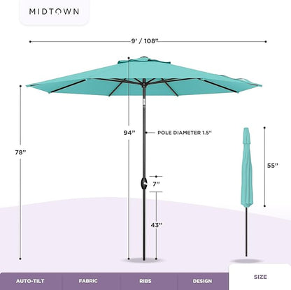 Midtown Umbrellas Sunbrella Umbrella 9 Feet Outdoor Umbrella With Macaw Acrylic Fabric - Auto-Tilt Aluminum Frame Patio Umbrella For Backyard, Deck, Garden, Pool - Black Pole