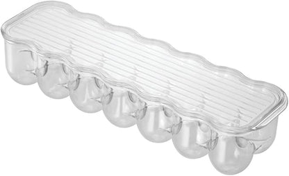 iDesign Plastic Egg Holder for Refrigerator with Handle and Lid, Fridge Storage Organizer for Kitchen, Holds up to 14, 4.25" x 14.5" x 3", Clear