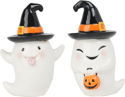 Halloween Decorations Ghost Statues Collectible-Figurines - Halloween Decor Indoor Cute Boo Ghost Sculpture Resin White Ghost With Black Hat Party Supplies Set of 2, 2.5*2*3.5 inch Newman House Studio
