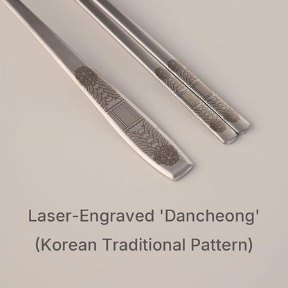 Korean Dancheong Engraved Spoon and Chopsticks Set, 18/10 Stainless Steel | Sujeo gift set for one in Korean inspired box, made in korea