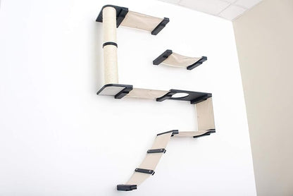 CatastrophiCreations Deluxe Cat Fort Wall Mounted Lounge Climb and Play Furniture Cat Tree Shelves DLF11ENCH English Chestnut Bamboo/Charcoal Gray Canvas