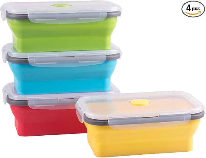 Collapsible Food Storage Containers with Airtight Lid, 27 oz, Kitchen Stacking Silicone Collapsible Meal Prep Container Set for Leftover, Microwave Freezer Dishwasher Safe, 4 Colors, Set of 4