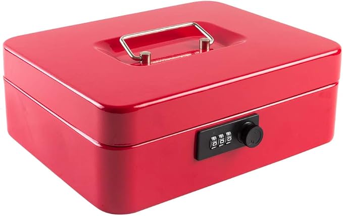 KYODOLED Large Cash Box with Combination Lock Safe Metal Money Box with Money Tray for Security Lock Box 9.84"x 7.87"x 3.54" Red Large