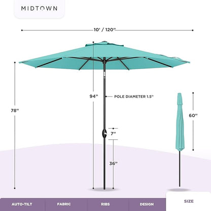 Midtown Umbrellas The Lean 10 Feet Outdoor Umbrella With Sunbrella Heather Tan Acrylic Fabric - 8 Ribs Aluminum Frame Patio Umbrella With Zinc Alloy Crank Lift And Auto-Tilt System