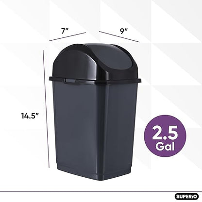 Superio Small 2.5 Gallon Plastic Trash Can with Swing Top Lid, Compact Slim Waste Bin for Under Desk, Office, Bedroom, Bathroom, Dorm Room, 10 Qt. Portable Garbage Can (Dark Grey, 2 Pack)
