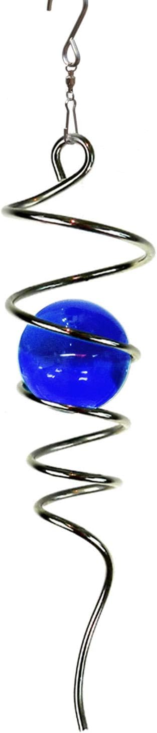 FONMY Gazing Ball Spiral Tail -Decorative Wind Spinner 11" inch Tail and 2" inch Blue Glass Orb. Indoor Outdoor Garden Decoration -13 inch Height