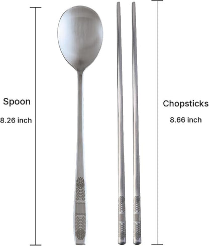 Korean Dancheong Engraved Spoon and Chopsticks Set, 18/10 Stainless Steel | Sujeo gift set for one in Korean inspired box, made in korea