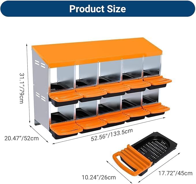 [10-Pack] Chicken Nesting Boxes for Hens - Galvanized Steel Wall Mount or Freestanding Chicken Nest, Removable Plastic Egg Tray & Ventilation Holes - Poultry Nesting Boxes for Egg Laying (Orange)