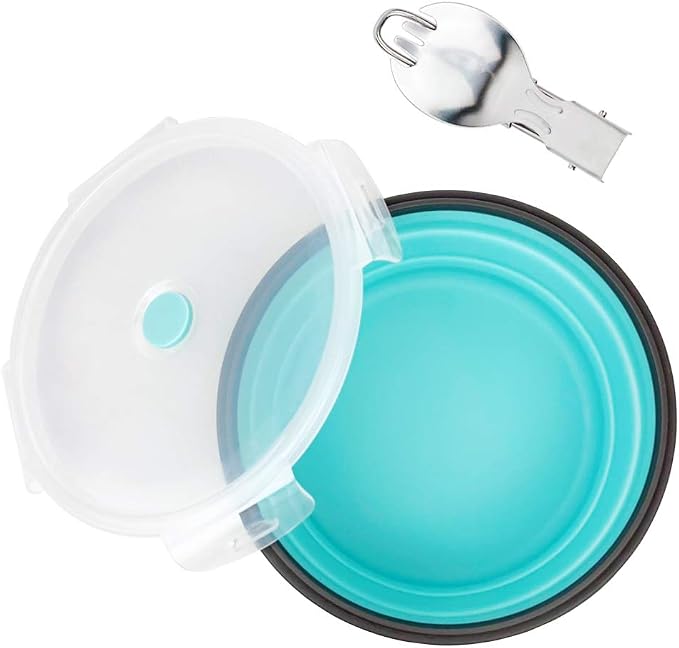 CCyanzi 1200ml Collapsible Camping Bowl Silicone Food Storage Container with Lid and Foldable Stainless Steel Fork Spoon, for Picnic, Travel, Camping, RV, Fridge and Microwave Bowls