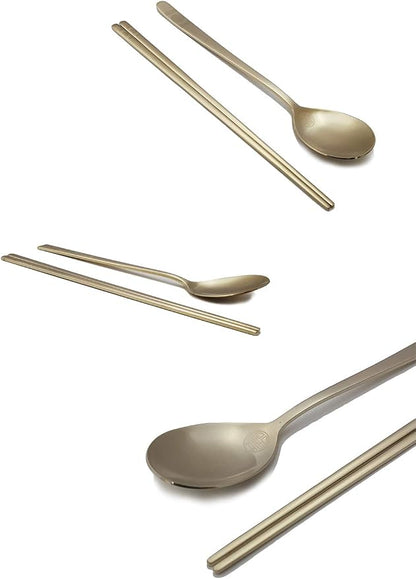 [5 Sets] [Made in Korea] Korean Sticky Rice Spoon Chopsticks Set Gold Titanium Plating 304 Stainless Steel Tableware Cutlery Set Mukbang Chopsticks (Korean Palace Pattern TITANIUM, 5 Sets)