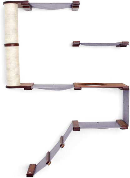 CatastrophiCreations Deluxe Cat Fort Wall Mounted Lounge Climb and Play Furniture Cat Tree Shelves DLF11ENCH English Chestnut Bamboo/Charcoal Gray Canvas