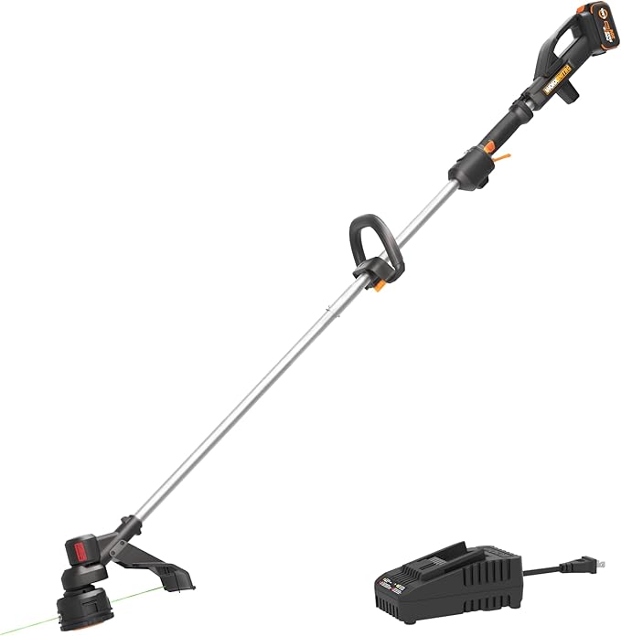 WORX Cordless String Trimmer, 20V 13''-15'' Weed Wracker with Brushless Motor 2.0, 21 cc Gas Equivalent, Quick-Line Reloading, Tool Only