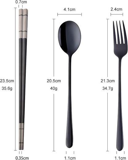 Buyer Star Stainless Steel Korean Chopsticks Spoons and Fork Set, 2 Pack Reusable Forks and Spoons Silverware Korean Utensil Set, Portable Utensils Dinnerware for Home (Black)