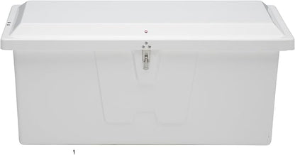 Taylor Made Stow 'N Go Small Fiberglass Dock Box, White (24"H x 54"W x 22"D) – Fiberglass construction, UV gelcoat finish, stainless steel lockable latch and hardware – 2020108652
