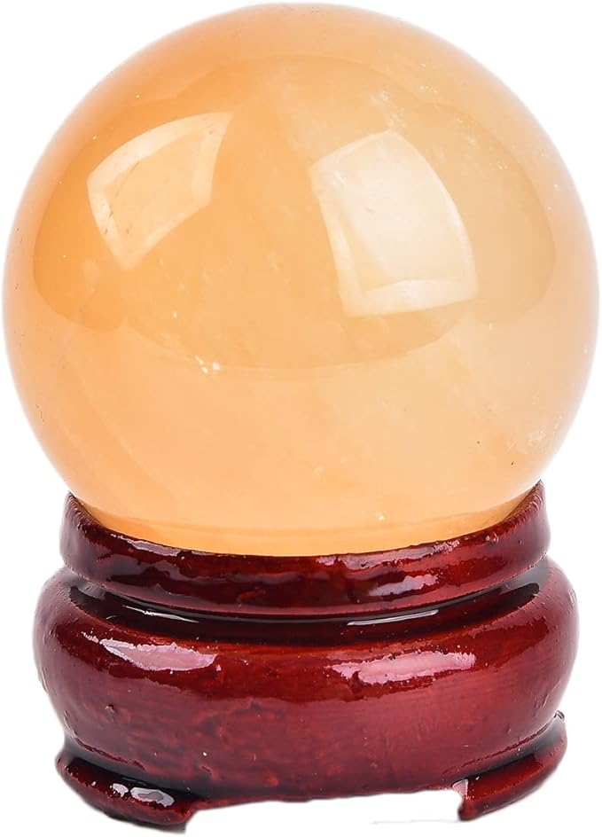 JIC Gem 2inch Natural Orange Calcite Healing Quartz Crystal Sphere Gemstone Ball with Wood Stand for Fengshui Healing and Decoration