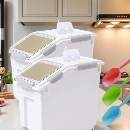 Saim Rice Container 25 lbs, Large Airtight Flour Storage Container with Wheels Measuring Cup, 2 Pack a Set BPA free Food Bin Grain Organizer Box for Dry Baking Supplies Kitchen Pantry Cereal (Gray)
