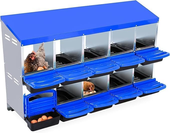 [10-Pack] Chicken Nesting Boxes for Hens - Galvanized Steel Wall Mount or Freestanding Chicken Nest, Removable Plastic Egg Tray & Ventilation Holes - Poultry Nesting Boxes for Egg Laying (Blue)