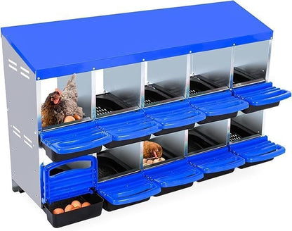 [10-Pack] Chicken Nesting Boxes for Hens - Galvanized Steel Wall Mount or Freestanding Chicken Nest, Removable Plastic Egg Tray & Ventilation Holes - Poultry Nesting Boxes for Egg Laying (Blue)