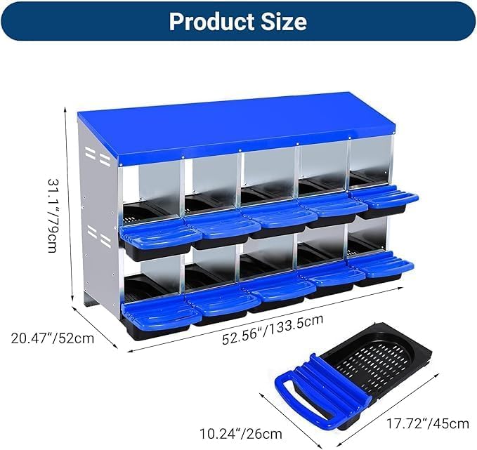 [10-Pack] Chicken Nesting Boxes for Hens - Galvanized Steel Wall Mount or Freestanding Chicken Nest, Removable Plastic Egg Tray & Ventilation Holes - Poultry Nesting Boxes for Egg Laying (Blue)