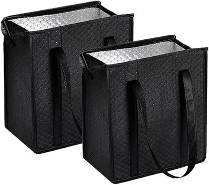 2-Pack 18L Black Insulated Grocery Bags with Zipper | Reusable 3-Layer Insulated Cooler Bags, Foldable for Shopping, Camping & Beach Trips