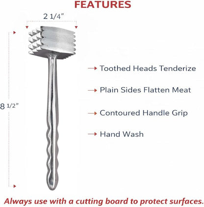 HIC Kitchen Heavyweight Meat Tenderizer Mallet Marinating Prep Tool, Double Sided, Aluminum, For Flattening Cutlets, Tenderizing Meat, And Cracking Ice