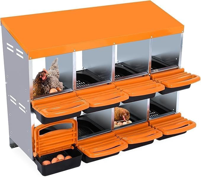 [8-Pack] Chicken Nesting Boxes for Hens - Galvanized Steel Wall Mount or Freestanding Chicken Nest, Removable Plastic Egg Tray & Ventilation Holes - Poultry Nesting Boxes for Egg Laying (Orange)