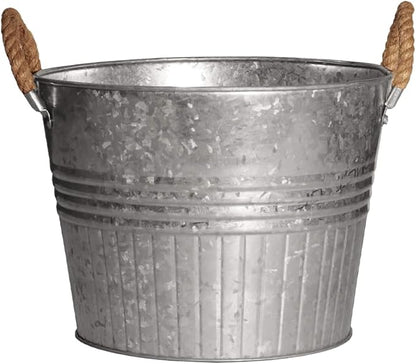 Headwind Decorative Planter - Round Galvanized Bucket w/Rope Handles – 6 Inch Metal Tub Bucket Planter for Outdoor Plants w/Drainage Hole – Galvanized Large Outdoor Planters Buckets by Robert Allen