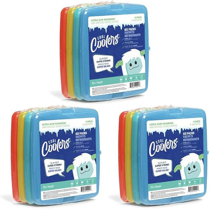 Cool Coolers by Fit + Fresh, 4 Pack Slim Ice Packs, Space Saving Reusable Ice Packs for Lunch Boxes or Coolers