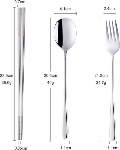 Buyer Star Stainless Steel Korean Chopsticks Spoons and Fork Set, 2 Pack Reusable Forks and Spoons Silverware Korean Utensil Set, Portable Utensils Dinnerware for Home (Silver)