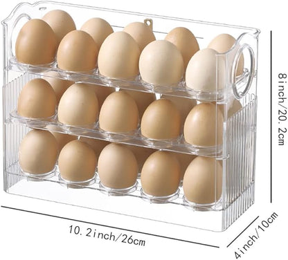 Flippable Egg Holder for 30 Eggs,Egg Storage for Refrigerator,3-Tiers Clear Acrylic Egg Container,Large Container for Kitchen Countertop, Egg Dispenser, Egg Tray, Clear