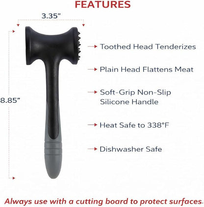 HIC Kitchen Soft-Grip Meat Tenderizer Mallet Marinating Prep Tool, Heat Safe, For Flattening Cutlets And Tenderizing Meat
